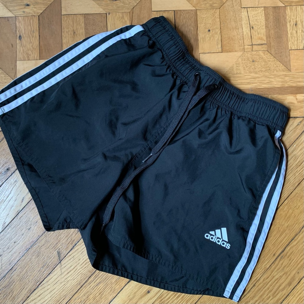 adidas Classic 3-stripe short inseam swim trunks